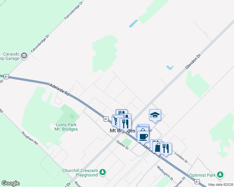 map of restaurants, bars, coffee shops, grocery stores, and more near 714 Pondhaven Road in Mount Brydges