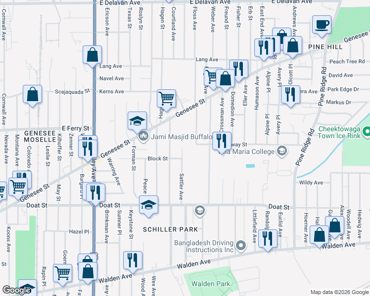 map of restaurants, bars, coffee shops, grocery stores, and more near 105 Sattler Avenue in Buffalo