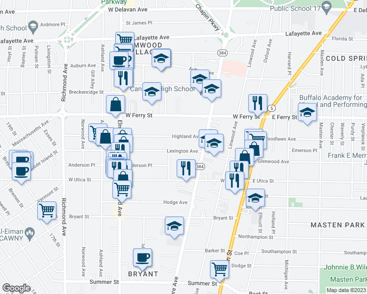 map of restaurants, bars, coffee shops, grocery stores, and more near 41 Lexington Avenue in Buffalo