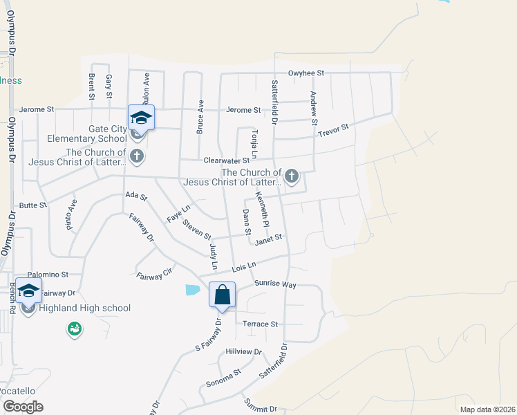 map of restaurants, bars, coffee shops, grocery stores, and more near 2107 Kenneth Place in Pocatello