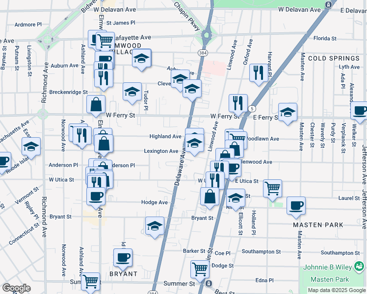 map of restaurants, bars, coffee shops, grocery stores, and more near 1088 Delaware Avenue in Buffalo