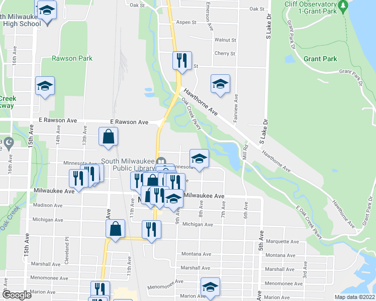 map of restaurants, bars, coffee shops, grocery stores, and more near 820 Manitoba Avenue in South Milwaukee