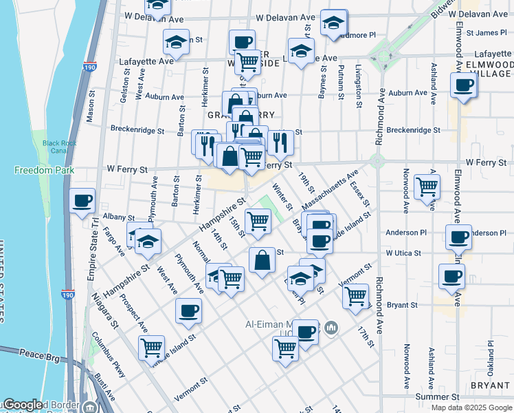 map of restaurants, bars, coffee shops, grocery stores, and more near 41 Lawrence Place in Buffalo