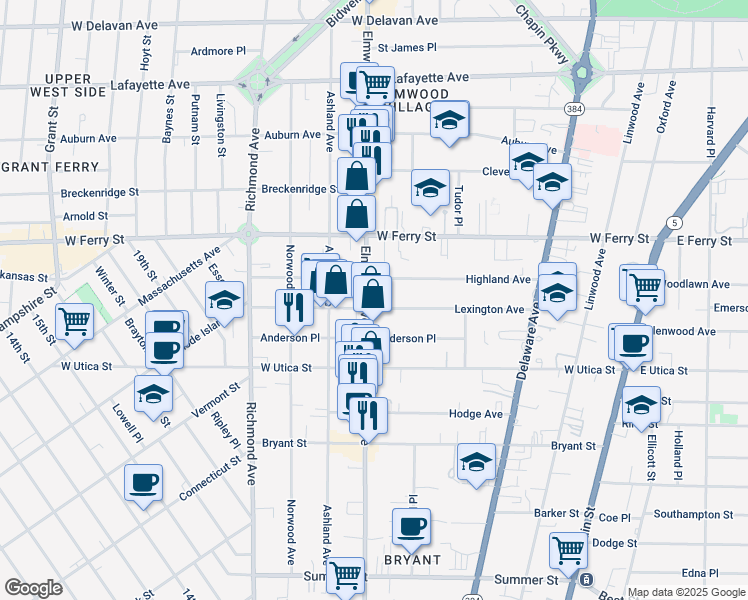 map of restaurants, bars, coffee shops, grocery stores, and more near 163 Lexington Avenue in Buffalo