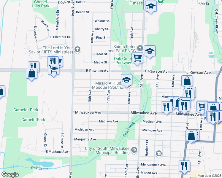map of restaurants, bars, coffee shops, grocery stores, and more near 1641 Manitoba Avenue in South Milwaukee