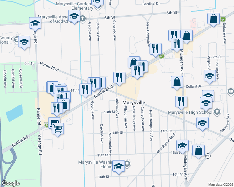 map of restaurants, bars, coffee shops, grocery stores, and more near 1201 Colorado Avenue in Marysville