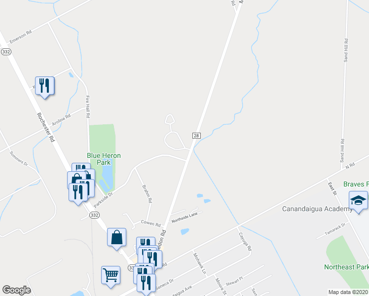 map of restaurants, bars, coffee shops, grocery stores, and more near 2458 Macedon Road in Canandaigua