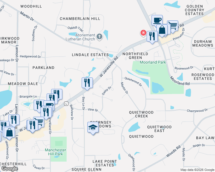 map of restaurants, bars, coffee shops, grocery stores, and more near W160S7251 Daisy Drive in Muskego