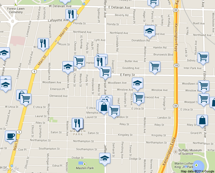 map of restaurants, bars, coffee shops, grocery stores, and more near 1399 Jefferson Avenue in Buffalo