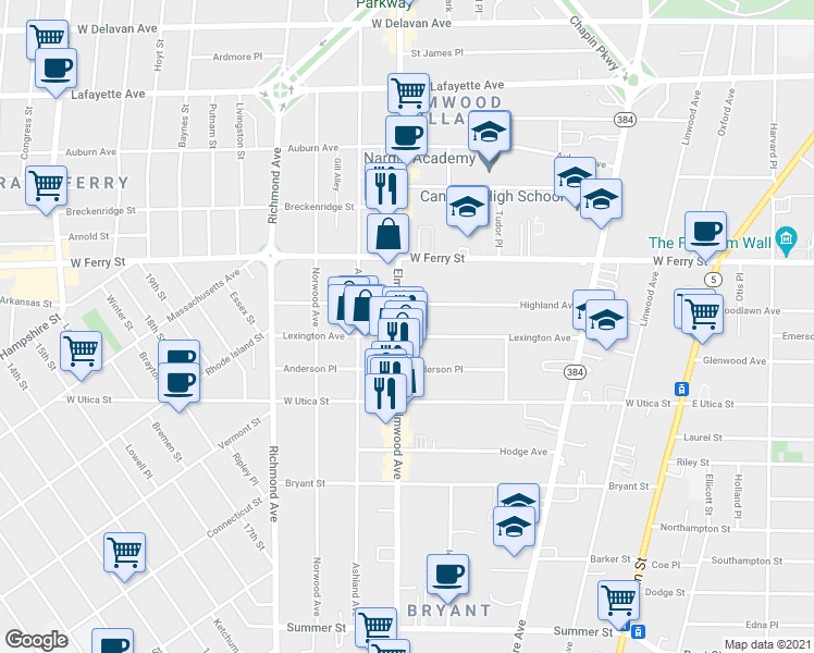 map of restaurants, bars, coffee shops, grocery stores, and more near 597 Elmwood Avenue in Buffalo