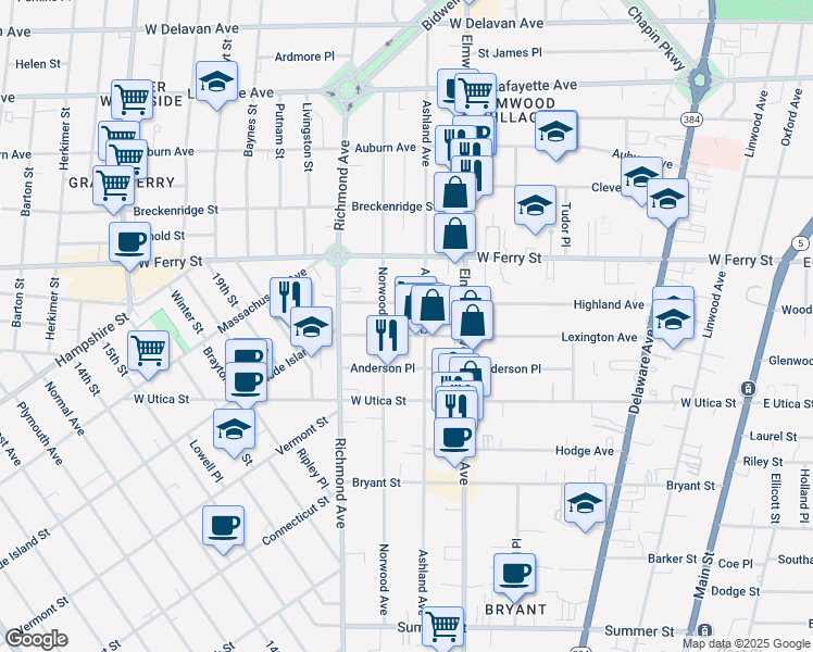 map of restaurants, bars, coffee shops, grocery stores, and more near 251 Lexington Avenue in Buffalo