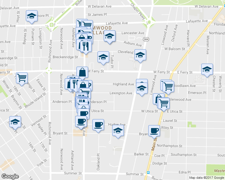 map of restaurants, bars, coffee shops, grocery stores, and more near 81 Lexington Avenue in Buffalo