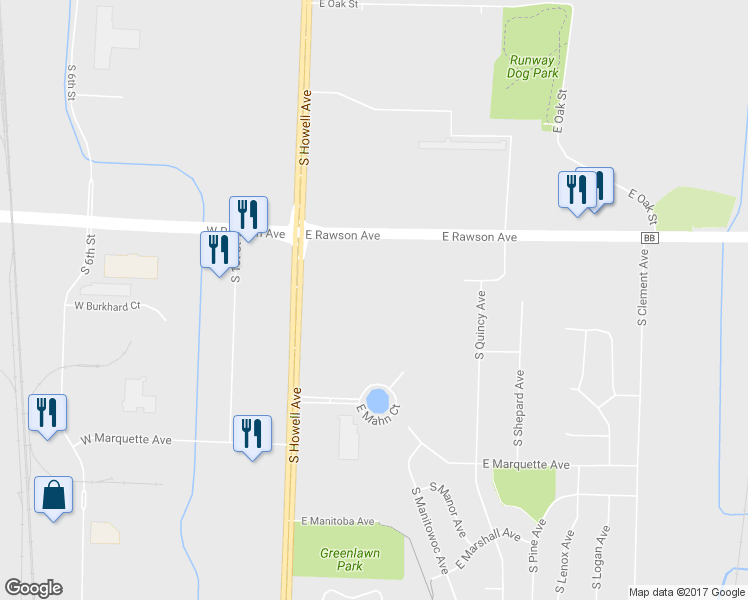 map of restaurants, bars, coffee shops, grocery stores, and more near 7207 South Burdick Avenue in Oak Creek
