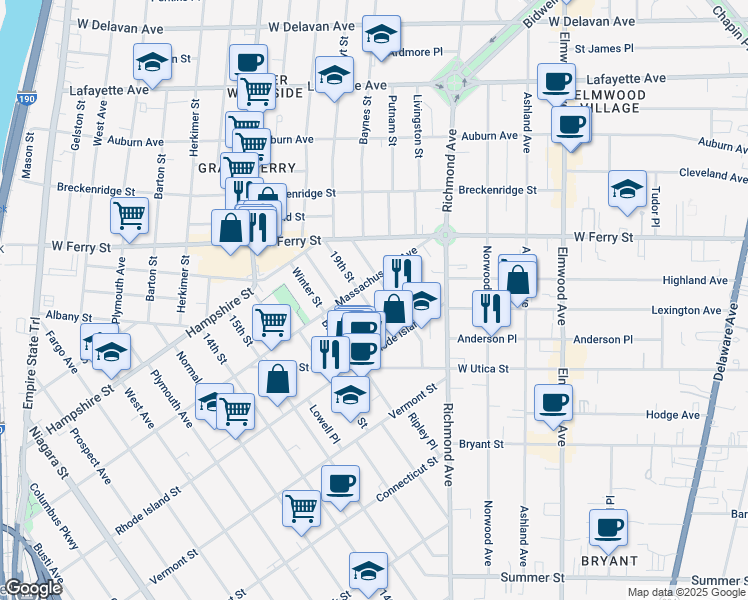 map of restaurants, bars, coffee shops, grocery stores, and more near 45 19th Street in Buffalo