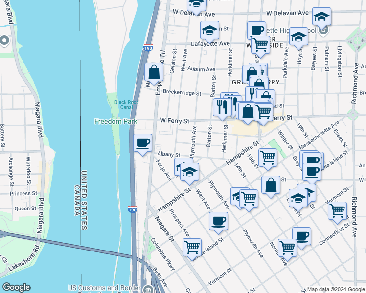 map of restaurants, bars, coffee shops, grocery stores, and more near 13 California Street in Buffalo