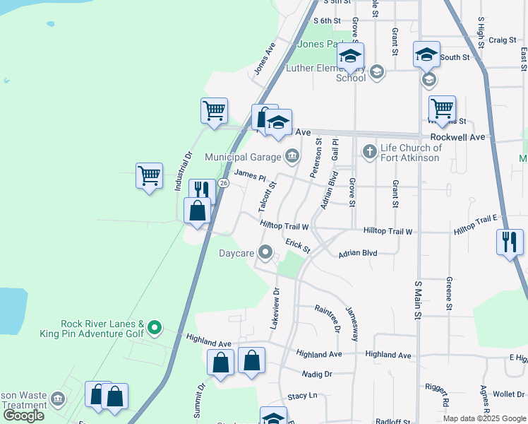 map of restaurants, bars, coffee shops, grocery stores, and more near 1145 Talcott Street in Fort Atkinson