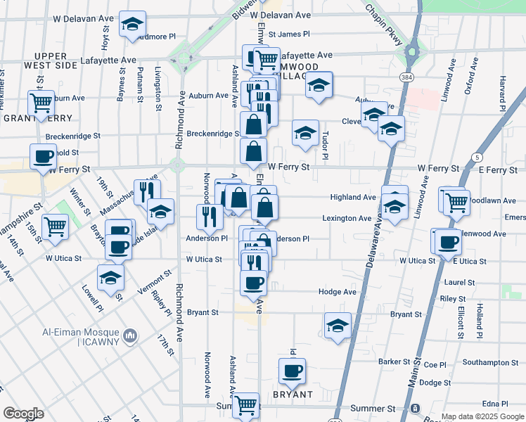map of restaurants, bars, coffee shops, grocery stores, and more near 603 Elmwood Avenue in Buffalo
