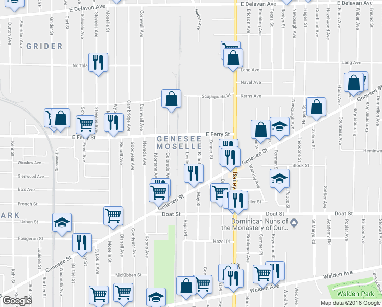 map of restaurants, bars, coffee shops, grocery stores, and more near 73 Leslie Street in Buffalo