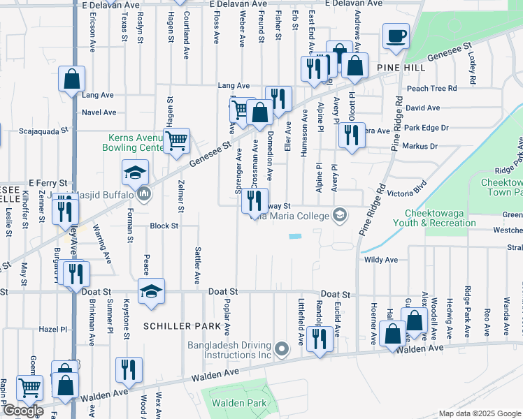map of restaurants, bars, coffee shops, grocery stores, and more near 57 South Crossman Street in Buffalo