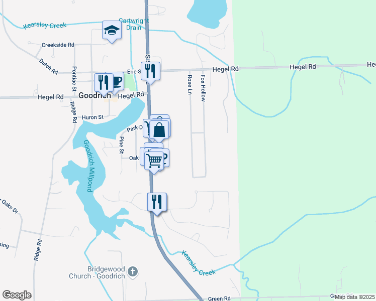 map of restaurants, bars, coffee shops, grocery stores, and more near 8172 Rose Lane in Goodrich