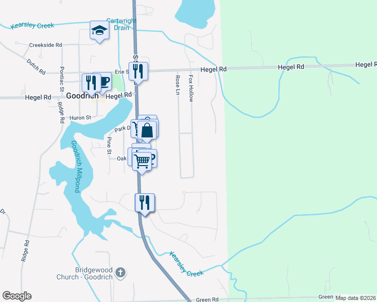 map of restaurants, bars, coffee shops, grocery stores, and more near 8172 Fox Hollow in Goodrich