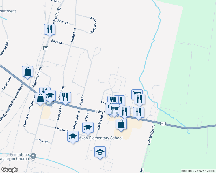 map of restaurants, bars, coffee shops, grocery stores, and more near 597 Collins Street in Avon