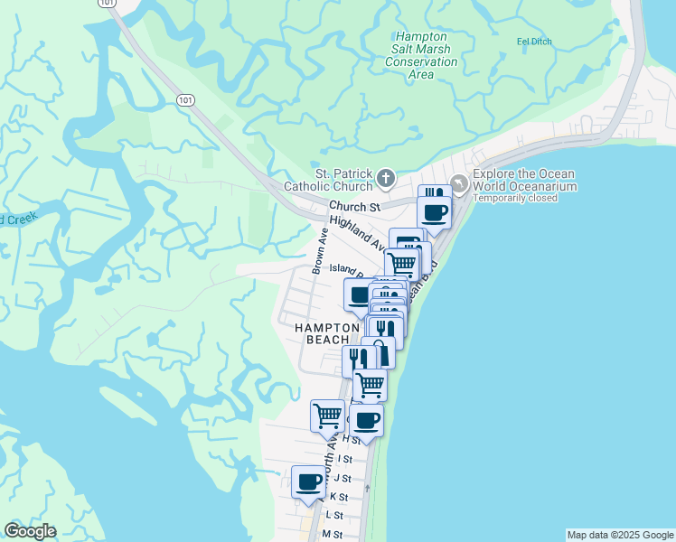 map of restaurants, bars, coffee shops, grocery stores, and more near 45 Island Path in Hampton