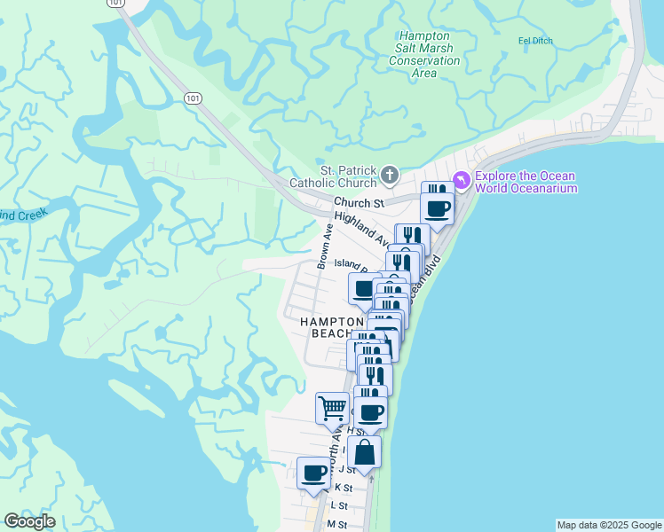map of restaurants, bars, coffee shops, grocery stores, and more near 45 Island Path in Hampton