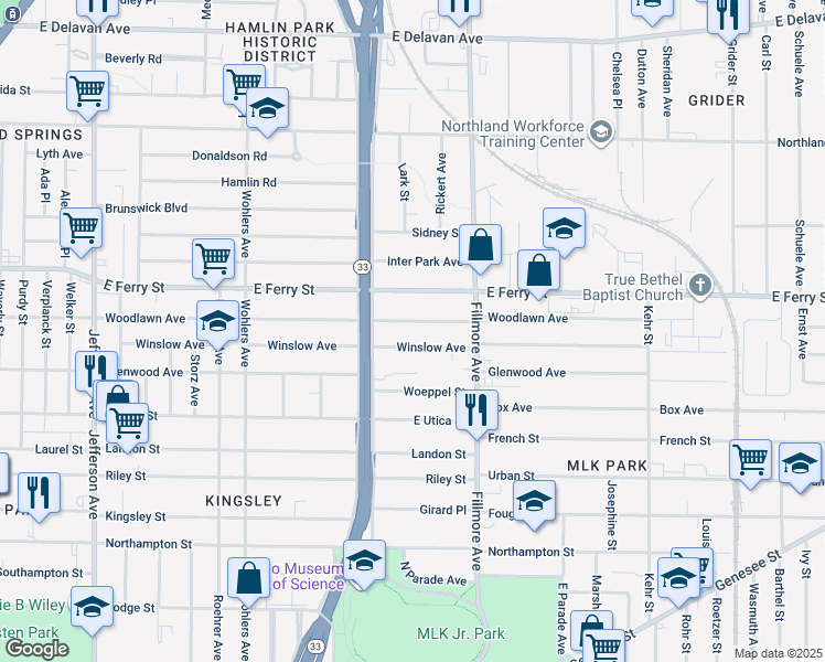 map of restaurants, bars, coffee shops, grocery stores, and more near 635 Woodlawn Avenue in Buffalo