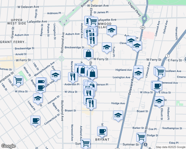 map of restaurants, bars, coffee shops, grocery stores, and more near 163 Lexington Avenue in Buffalo