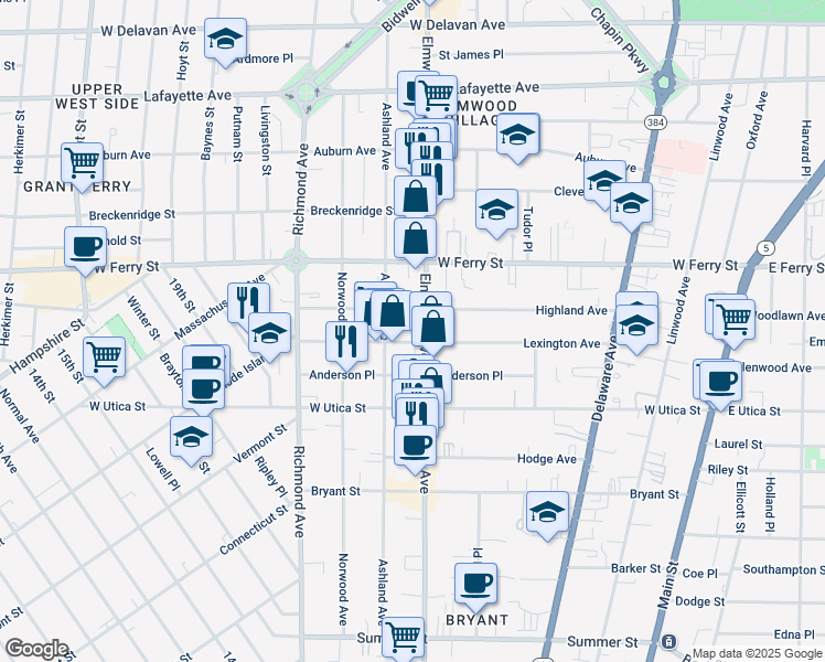map of restaurants, bars, coffee shops, grocery stores, and more near in Buffalo