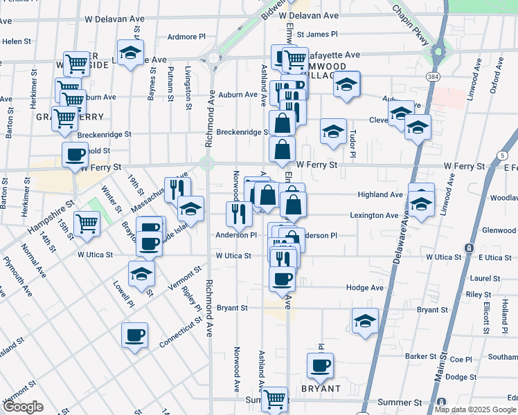 map of restaurants, bars, coffee shops, grocery stores, and more near 318 Ashland Avenue in Buffalo
