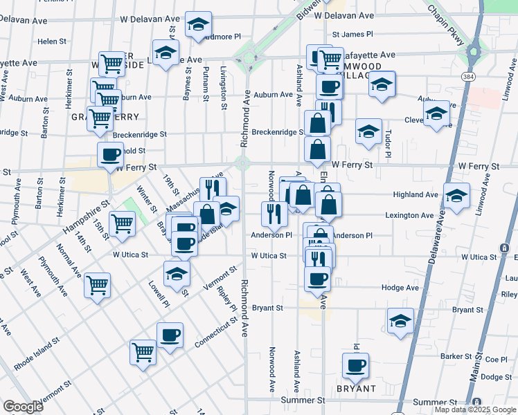 map of restaurants, bars, coffee shops, grocery stores, and more near 318 Norwood Avenue in Buffalo