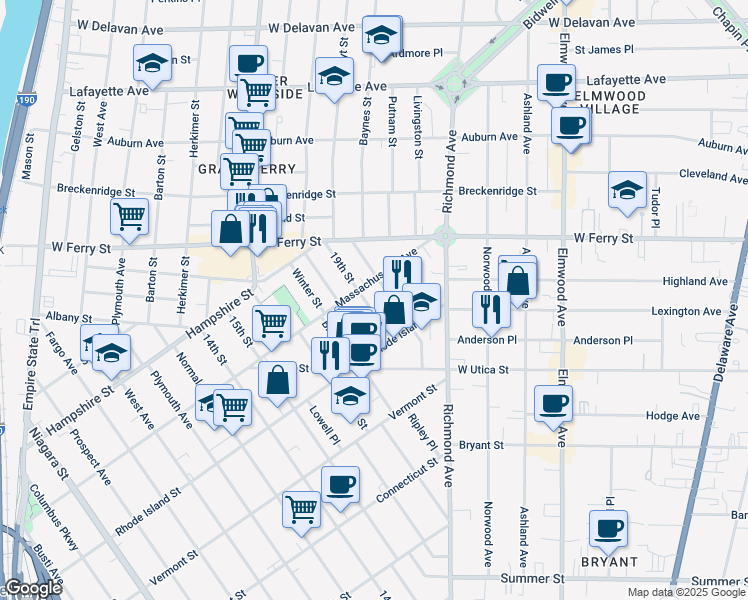 map of restaurants, bars, coffee shops, grocery stores, and more near 45 19th Street in Buffalo