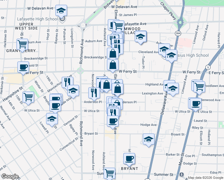 map of restaurants, bars, coffee shops, grocery stores, and more near 604 Elmwood Avenue in Buffalo