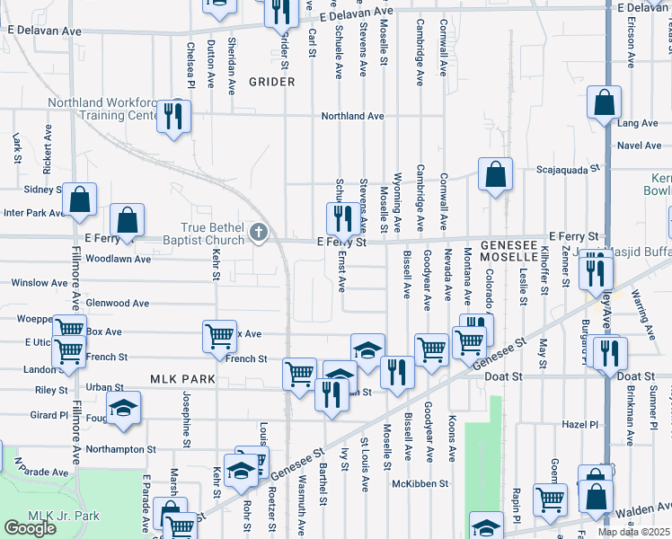 map of restaurants, bars, coffee shops, grocery stores, and more near 56 Ernst Avenue in Buffalo