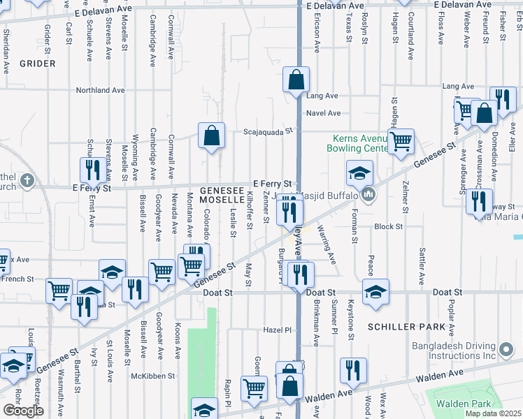 map of restaurants, bars, coffee shops, grocery stores, and more near 60 Zenner Street in Buffalo