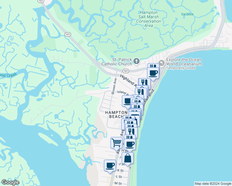 map of restaurants, bars, coffee shops, grocery stores, and more near 45 Island Path in Hampton
