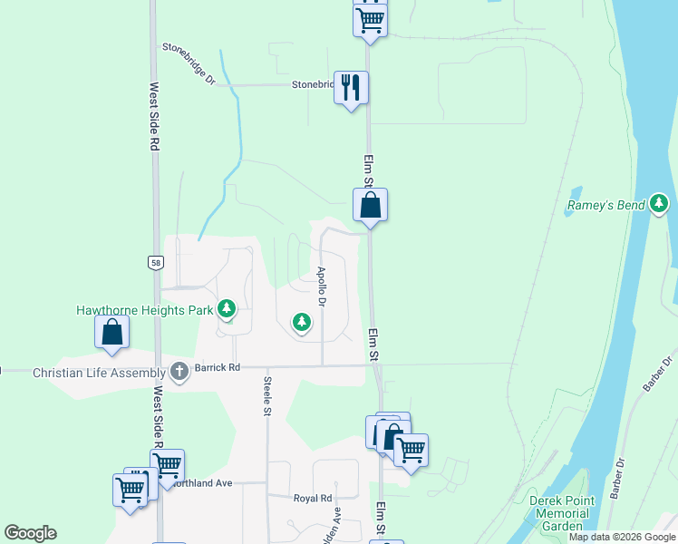 map of restaurants, bars, coffee shops, grocery stores, and more near 58 Saturn Road in Port Colborne