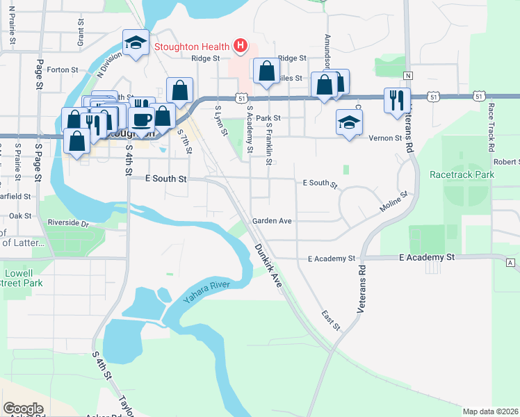 map of restaurants, bars, coffee shops, grocery stores, and more near 924 Garden Avenue in Stoughton