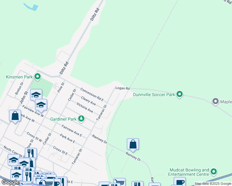 map of restaurants, bars, coffee shops, grocery stores, and more near 19 Meadowbrook Court in Haldimand County