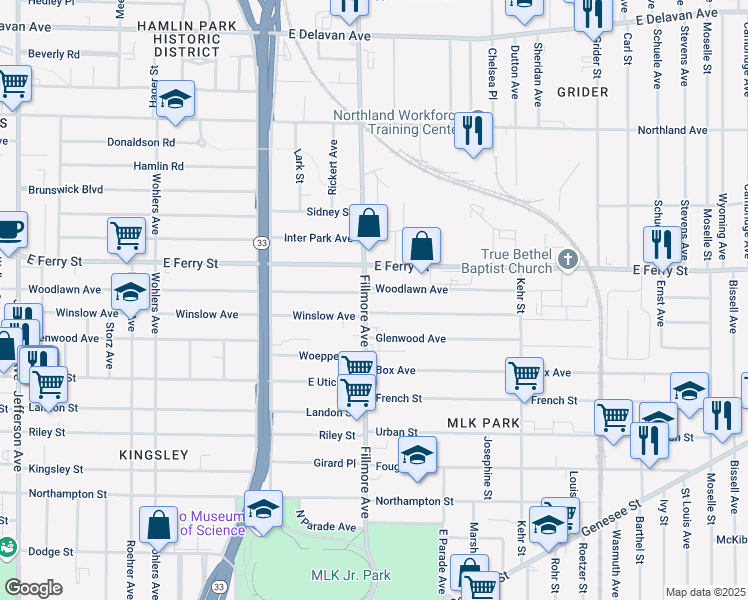 map of restaurants, bars, coffee shops, grocery stores, and more near 1455 Fillmore Avenue in Buffalo