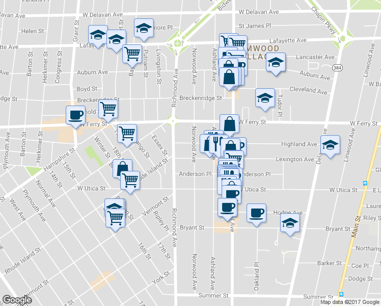 map of restaurants, bars, coffee shops, grocery stores, and more near 318 Norwood Avenue in Buffalo