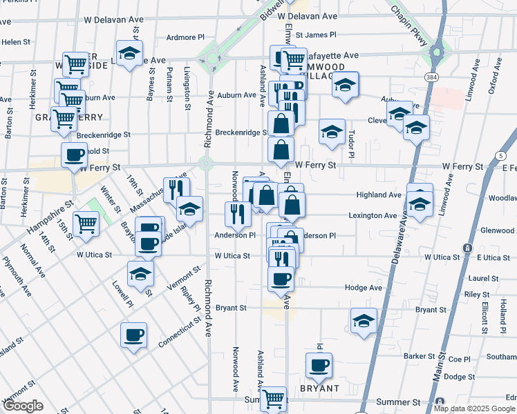 map of restaurants, bars, coffee shops, grocery stores, and more near 318 Ashland Avenue in Buffalo