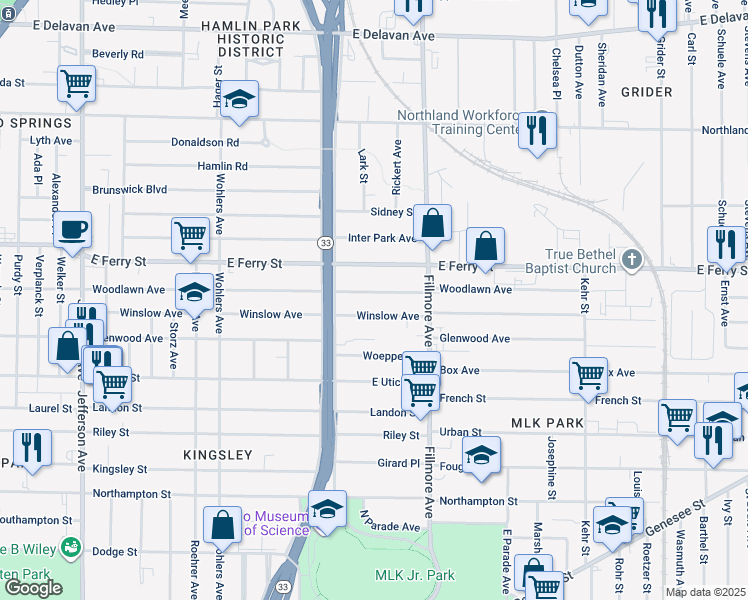 map of restaurants, bars, coffee shops, grocery stores, and more near 635 Woodlawn Ave in Buffalo