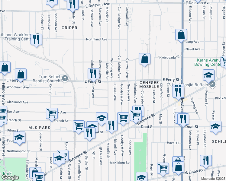 map of restaurants, bars, coffee shops, grocery stores, and more near 360 Bissell Avenue in Buffalo