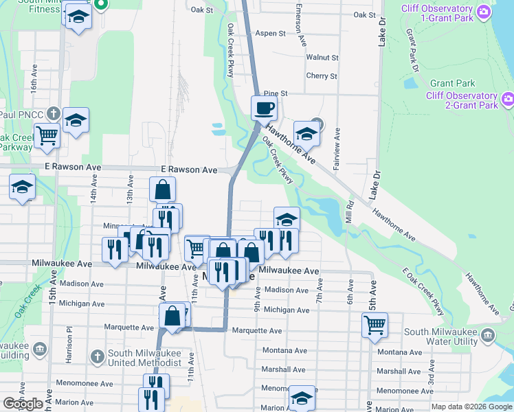 map of restaurants, bars, coffee shops, grocery stores, and more near 912 Manitoba Avenue in South Milwaukee