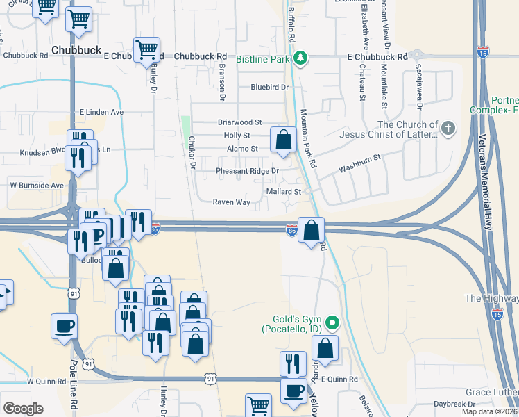 map of restaurants, bars, coffee shops, grocery stores, and more near 567 Raven Way in Chubbuck