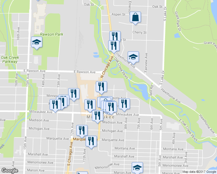 map of restaurants, bars, coffee shops, grocery stores, and more near 912 Manitoba Avenue in South Milwaukee