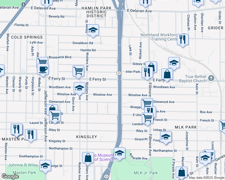 map of restaurants, bars, coffee shops, grocery stores, and more near 549 Woodlawn Ave in Buffalo